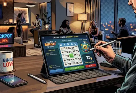 A person uses a tablet for an online casino bingo game with a 'BINGO LOVE' mug in a comic book art style, featuring 'Casino Bingo Online' and 'Jackpot Live' signs.