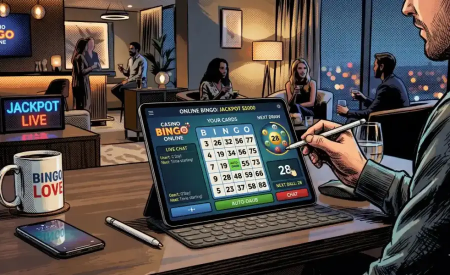 A person uses a tablet for an online casino bingo game with a 'BINGO LOVE' mug in a comic book art style, featuring 'Casino Bingo Online' and 'Jackpot Live' signs.