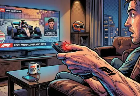 A shocked fan holds a remote control watching the 2026 Monaco Grand Prix on a TV screen showing Gasly's penalty update in a comic book art style.
