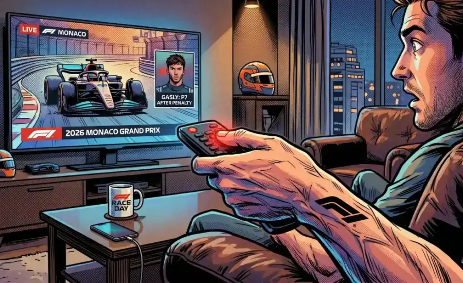 A shocked fan holds a remote control watching the 2026 Monaco Grand Prix on a TV screen showing Gasly's penalty update in a comic book art style.