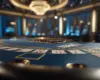 A casino table with playing cards spread across it, set in a luxurious, dimly lit live casino environment with chandeliers and slot machines blurred in the background.