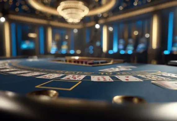 A casino table with playing cards spread across it, set in a luxurious, dimly lit live casino environment with chandeliers and slot machines blurred in the background.