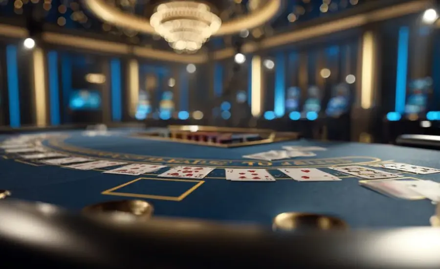 A casino table with playing cards spread across it, set in a luxurious, dimly lit live casino environment with chandeliers and slot machines blurred in the background.