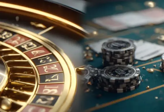 A close-up view of a roulette wheel on the left and stacks of poker chips on a green table on the right, highlighting casino table games and betting chips.