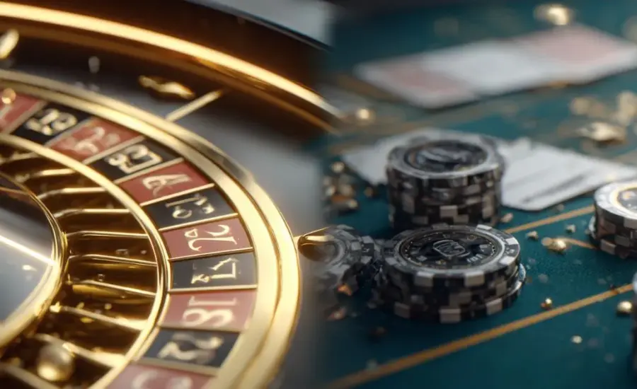 A close-up view of a roulette wheel on the left and stacks of poker chips on a green table on the right, highlighting casino table games and betting chips.