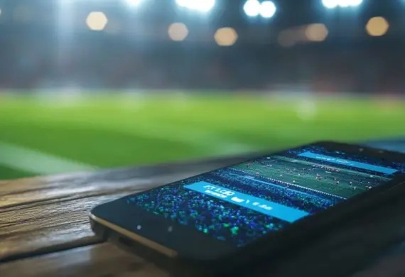 A smartphone displaying a live soccer match is placed on a wooden bench at a stadium, with the blurred green field and stadium lights in the background.