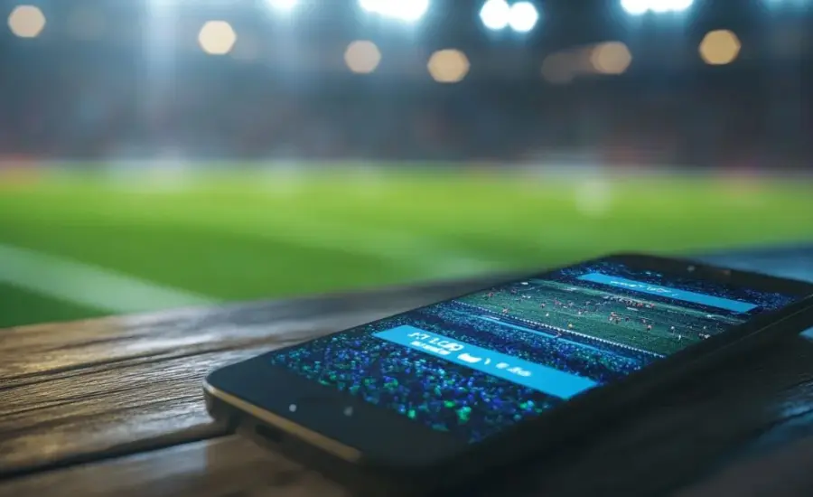 A smartphone displaying a live soccer match is placed on a wooden bench at a stadium, with the blurred green field and stadium lights in the background.